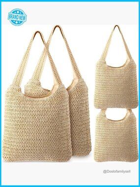 Set of 4 Crochet Beach Tote Bags Mesh Woven Straw Shoulder Bags Boho Handle Bags